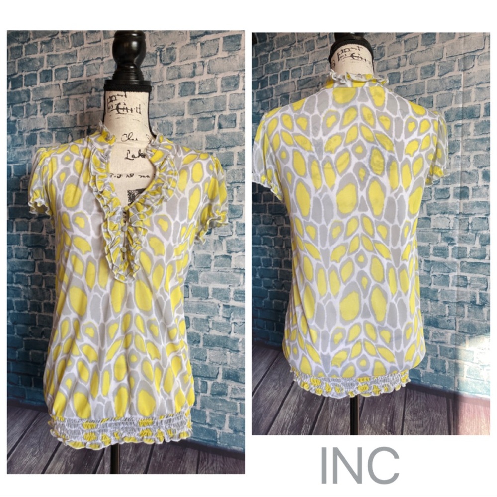 INC gray/yellow geometric tunic top